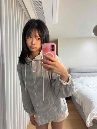 Soft Check Hooded Oversized Shirt