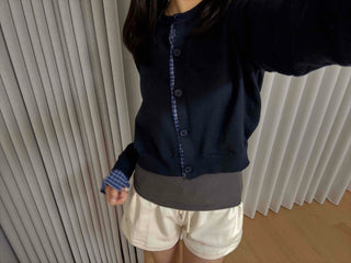 Basic Round Neck Check Contrast Crop Short Cardigan