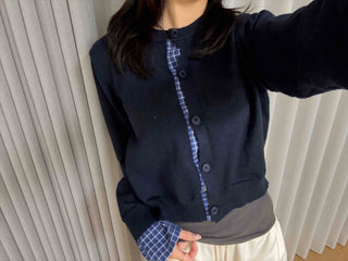 Basic Round Neck Check Contrast Crop Short Cardigan