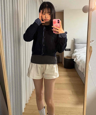 Basic Round Neck Check Contrast Crop Short Cardigan