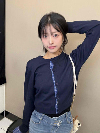 Basic Round Neck Check Contrast Crop Short Cardigan