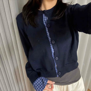 Basic Round Neck Check Contrast Crop Short Cardigan