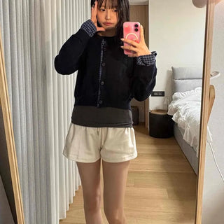 Basic Round Neck Check Contrast Crop Short Cardigan