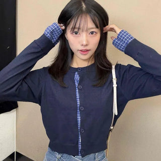 Basic Round Neck Check Contrast Crop Short Cardigan