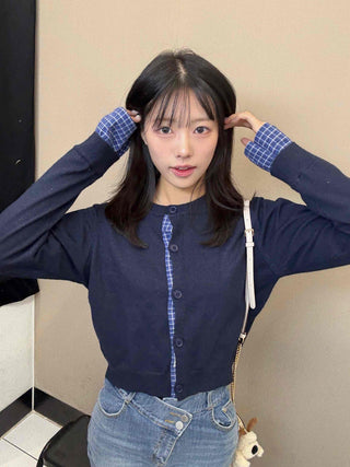 Basic Round Neck Check Contrast Crop Short Cardigan