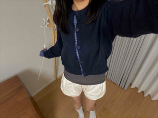 Basic Round Neck Check Contrast Crop Short Cardigan