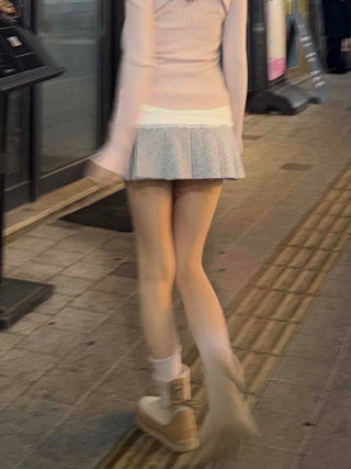 Color Block Knit Wrap Pleated Skirt