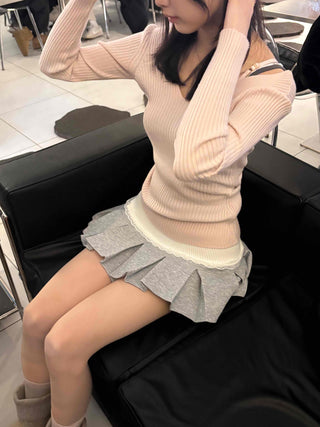 Color Block Knit Wrap Pleated Skirt