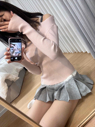 Color Block Knit Wrap Pleated Skirt