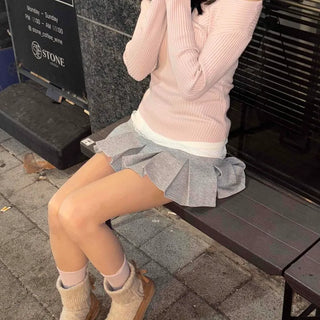 Color Block Knit Wrap Pleated Skirt