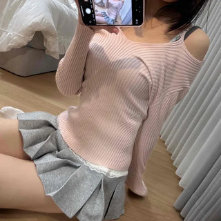 Color Block Knit Wrap Pleated Skirt