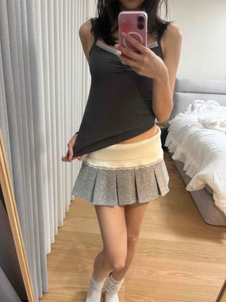 Color Block Knit Wrap Pleated Skirt