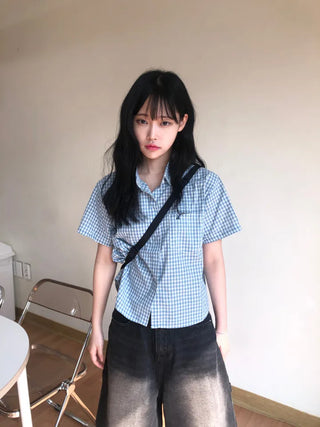 Jelloo Sky Fine Check Short Sleeve Shirt