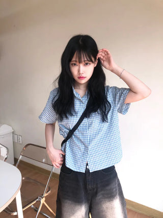Jelloo Sky Fine Check Short Sleeve Shirt
