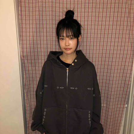 Signature Line Studded Loose Fit Zip-Up Hoodie