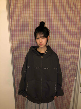 Signature Line Studded Loose Fit Zip-Up Hoodie