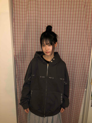 Signature Line Studded Loose Fit Zip-Up Hoodie