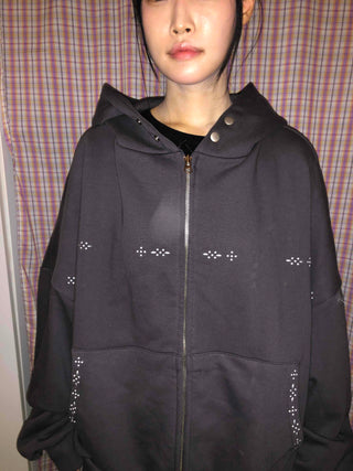Signature Line Studded Loose Fit Zip-Up Hoodie