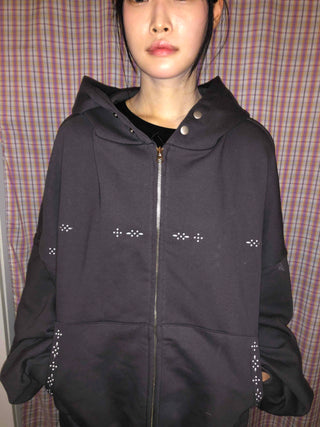 Signature Line Studded Loose Fit Zip-Up Hoodie