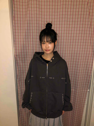 Signature Line Studded Loose Fit Zip-Up Hoodie