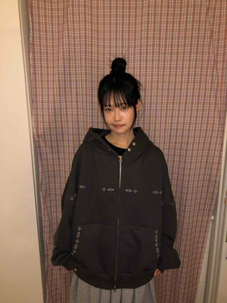 Signature Line Studded Loose Fit Zip-Up Hoodie