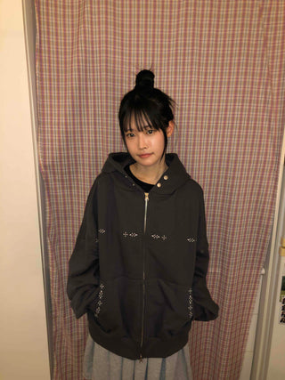 Signature Line Studded Loose Fit Zip-Up Hoodie