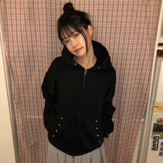 Snap Button Studded Pocket Zip-Up Hoodie