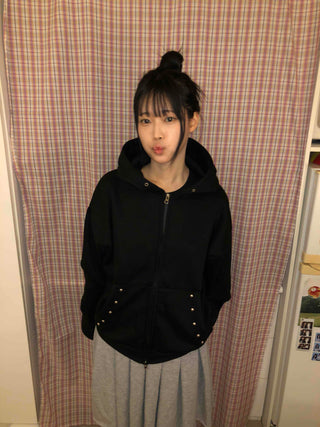 Snap Button Studded Pocket Zip-Up Hoodie