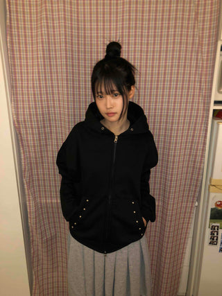 Snap Button Studded Pocket Zip-Up Hoodie