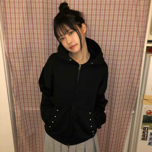Snap Button Studded Pocket Zip-Up Hoodie