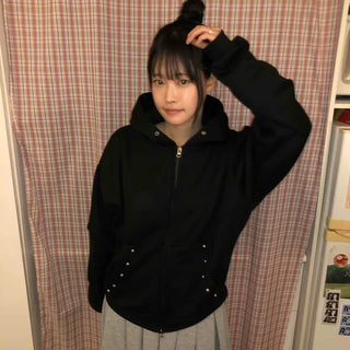 Snap Button Studded Pocket Zip-Up Hoodie