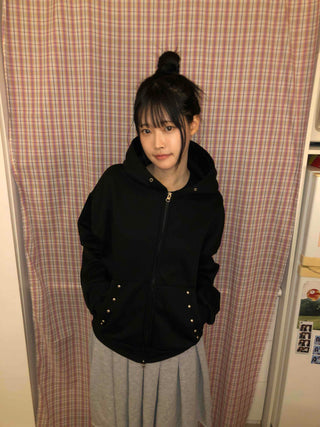 Snap Button Studded Pocket Zip-Up Hoodie