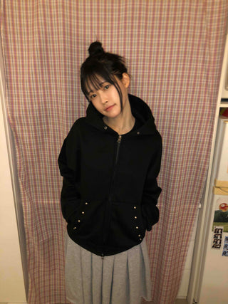 Snap Button Studded Pocket Zip-Up Hoodie