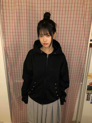 Snap Button Studded Pocket Zip-Up Hoodie