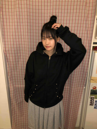 Snap Button Studded Pocket Zip-Up Hoodie