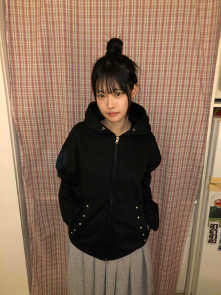 Snap Button Studded Pocket Zip-Up Hoodie
