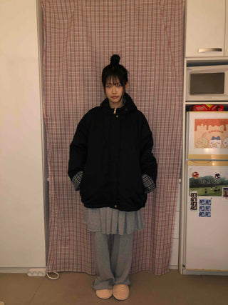 Check Color Block Boxy Fit Padded Hoodie