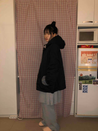 Check Color Block Boxy Fit Padded Hoodie