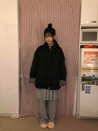 Check Color Block Boxy Fit Padded Hoodie