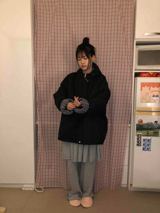 Check Color Block Boxy Fit Padded Hoodie