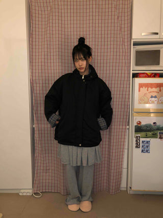 Check Color Block Boxy Fit Padded Hoodie