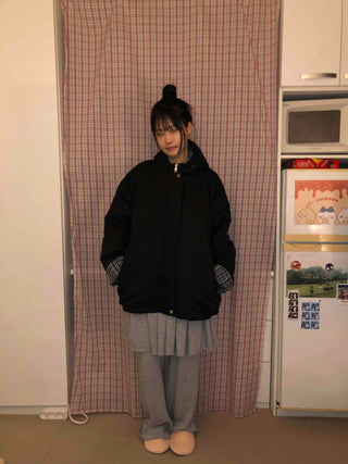 Check Color Block Boxy Fit Padded Hoodie