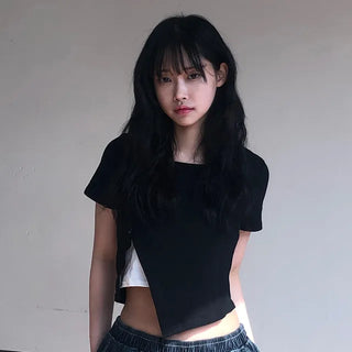 Miko Diagonal Deep Cut Halter Layered T-shirt
