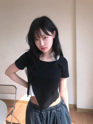 Miko Diagonal Deep Cut Halter Layered T-shirt