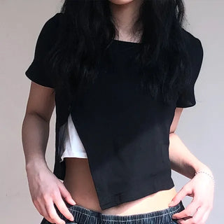 Miko Diagonal Deep Cut Halter Layered T-shirt