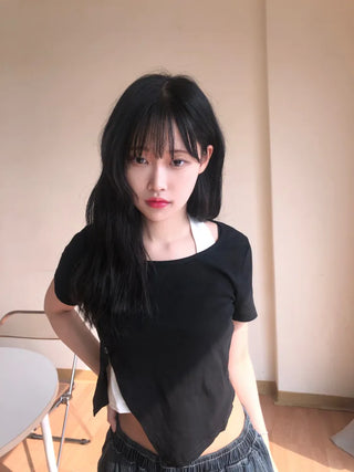 Miko Diagonal Deep Cut Halter Layered T-shirt