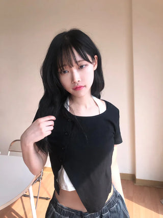 Miko Diagonal Deep Cut Halter Layered T-shirt