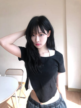 Miko Diagonal Deep Cut Halter Layered T-shirt