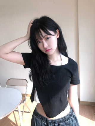 Miko Diagonal Deep Cut Halter Layered T-shirt