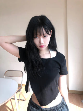Miko Diagonal Deep Cut Halter Layered T-shirt